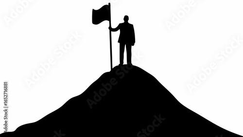 Silhouette of a man in a suit holding a flag standing on top of a hill against a white background view