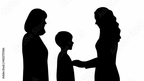 Silhouette of three figures showing a grandmother, mother and child interacting in a black and white image