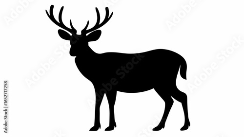 Silhouette illustration of a deer with antlers standing isolated on a white background in full profile view