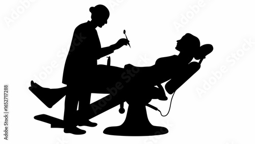 Silhouette of a dentist examining a patient in a dental chair with a mirror tool for oral hygiene care