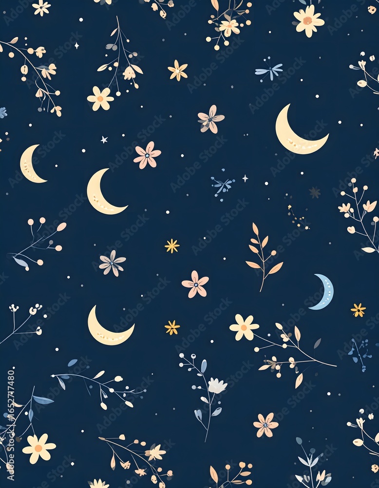 Naklejka premium Whimsical Night Garden: Crescent Moons, Floral Sprigs, and Starry Sky Pattern