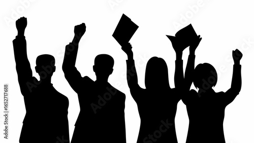 Silhouette of four people raising their hands and holding books in a celebratory gesture on white background