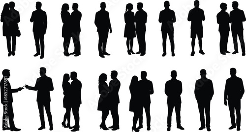 Silhouette of diverse people standing together, walking, talking, social interaction, business teamwork, couple relationship, communication concept, isolated on white background