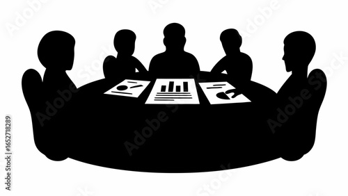 Silhouette of five people sitting around a table with documents and charts in a meeting setting shown