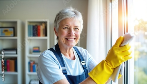 Older woman cleans windows with a cloth while smiling in a bright and airy living room during a sunny day