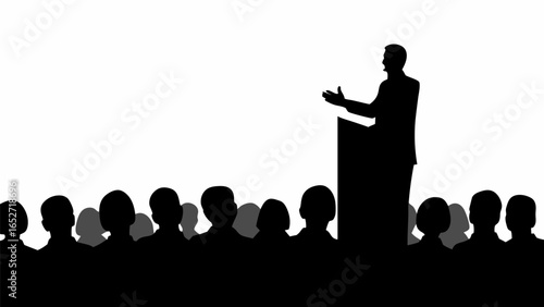 Silhouette of a speaker giving a presentation to an audience in a public speaking engagement event hall