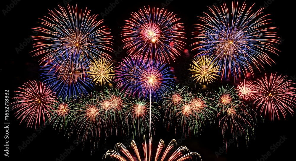 Fototapeta premium A spectacular display of vibrant multicolored fireworks exploding in brilliant spherical bursts against a dark background.