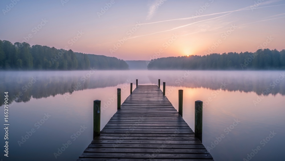 Obraz premium Early dawn with mist over a peaceful lake in a northern German region
