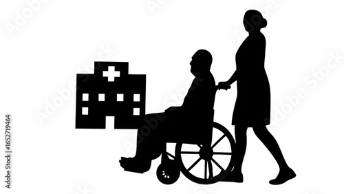 Silhouette of a nurse pushing a patient in a wheelchair near a hospital building in black and white style