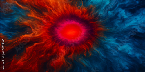 Fiery red and orange fractal flames explode like a burning star, creating a colorful and intricate abstract texture