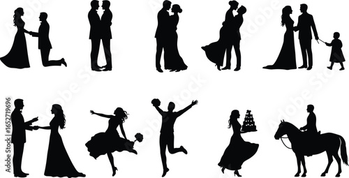 Wedding silhouettes, romantic proposal, bride and groom kissing, family love, joyful celebration, bouquet toss, horse riding, happy couple moments