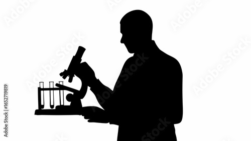Silhouette of a scientist examining a microscope with test tubes in a laboratory setting for scientific research