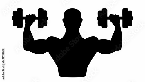 Silhouette of muscular man lifting dumbbells showing strength and fitness on a white background for gym concept