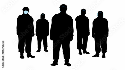 Silhouette of group wearing protective gear including face shields and one with a mask standing together