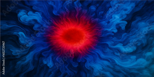 Colorful and vibrant fractal art in the form of a flower, with smoke and star patterns dancing in an explosive wave of blue and fiery light