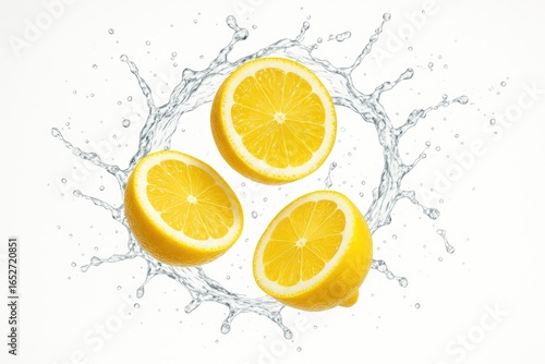 Lemon segments creating a splash effect against a white backdrop