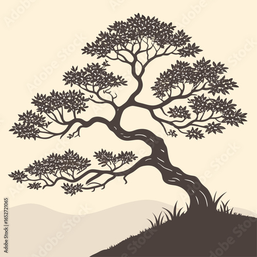 A striking vector silhouette of a barren tree with intricate branches against a forest landscape bonsai, tree, silhouette, nature, plant, garden.