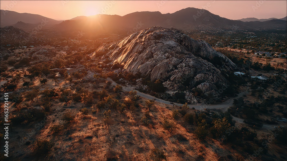 Fototapeta premium Sunset Over Rocky Hills And Cityscape