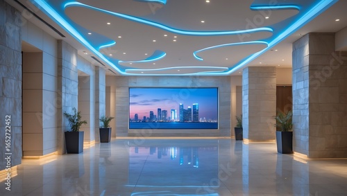 Modern hotel lobby with futuristic ceiling lighting and cityscape display