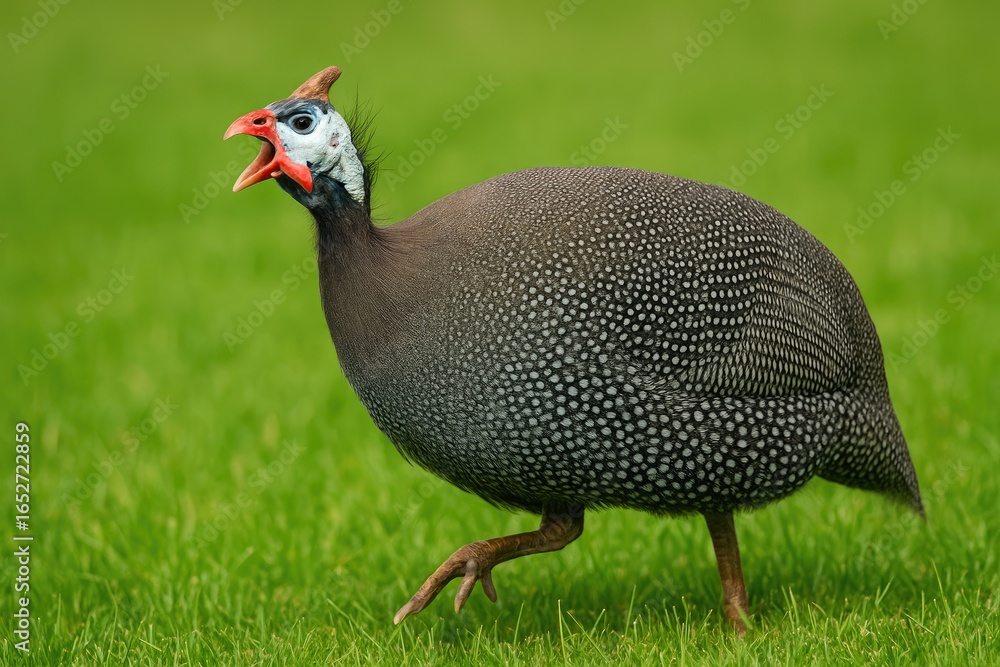 Fototapeta premium Bird known as guinea fowl wandering on vibrant grass and making noise