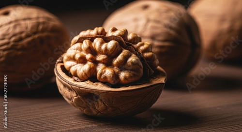 Close-up of walnut halves on wooden surface
