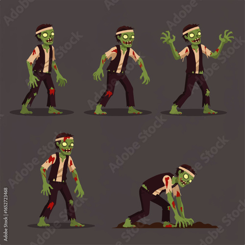 Five Poses of a Zombie Character in a Cartoon Style with Detail and Grunge Elements