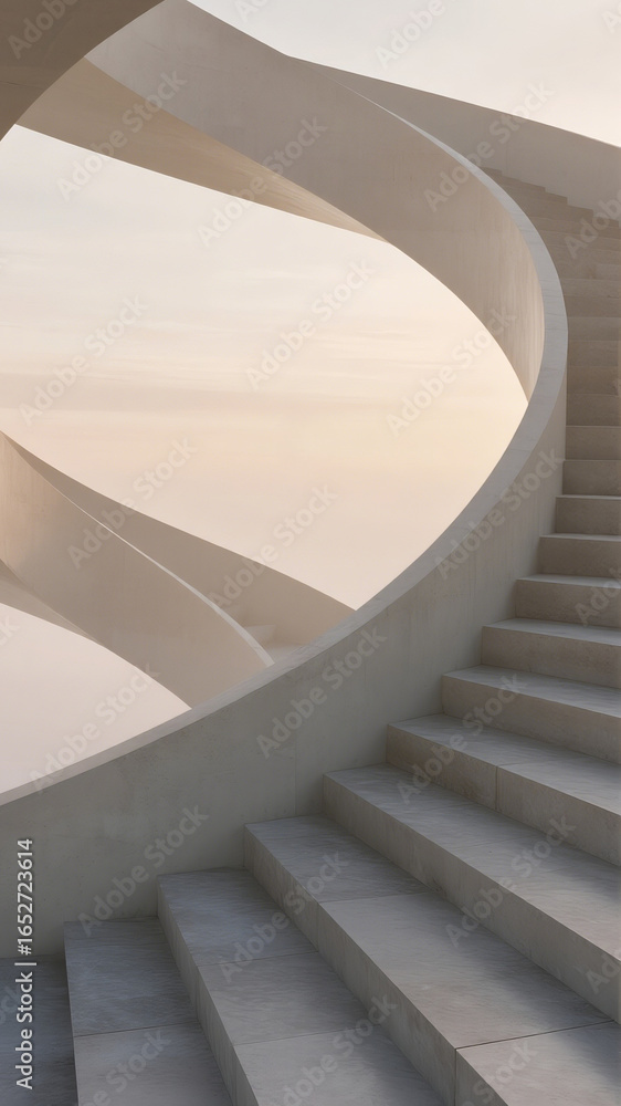 Fototapeta premium A surreal endless staircase spiraling upward into a pastel sky, simple clean architecture, soft lighting with no shadows