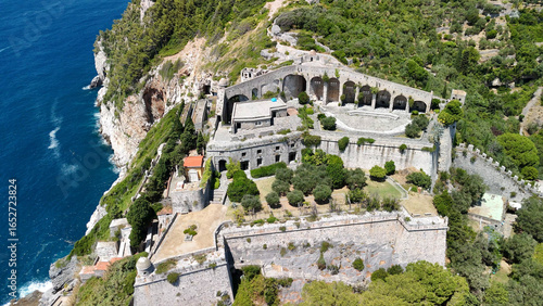 Panoramic aerial view of Portovenere and Doria Castle overlooking the Ligurian Sea