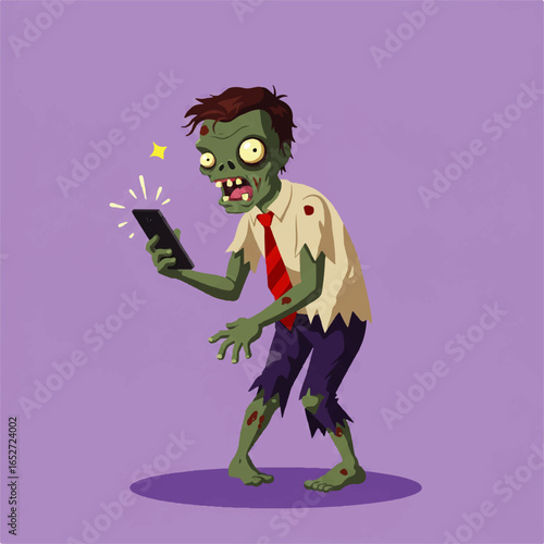 Funny cartoon office worker zombie mesmerized by a glowing smartphone screen. A humorous illustration about modern technology and phone addiction.