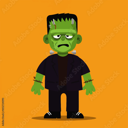 Delightful green monster creature with iconic stitches and neck bolts, an ideal graphic for spooky celebrations and festive Halloween themes.