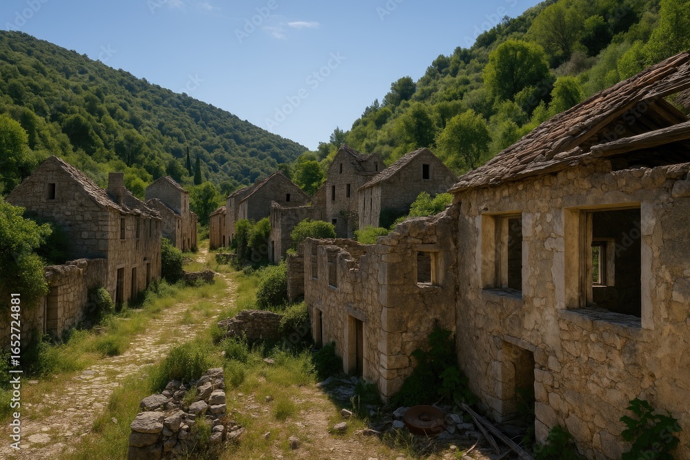 Fototapeta premium Eerie ghost town nestled on an island's landscape