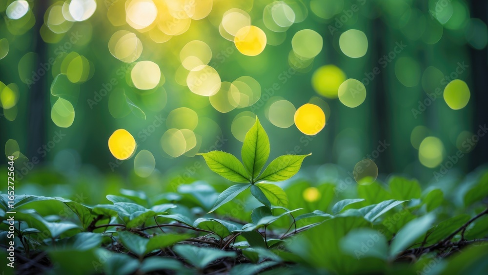 Obraz premium Soft-focus forest scene featuring lush green bokeh effects