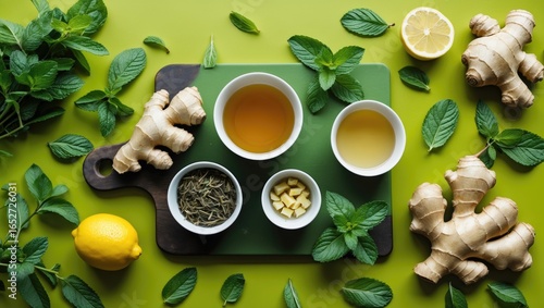 Flat lay of hot tea essenti...