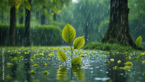 Wet foliage during a rainy day