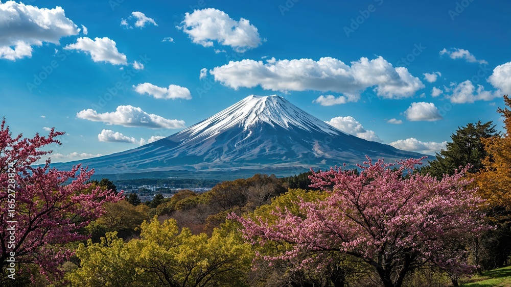 Fototapeta premium Elegant Snow-Capped Summit Amidst Lush Blossoms