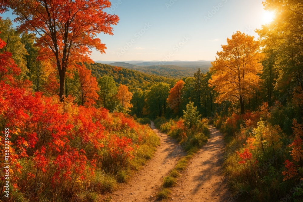 Fototapeta premium Colorful fall foliage near a hiking trail atop a hill