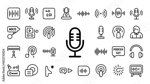 Vector illustration of podcasting icons featuring microphone, sound waves and broadcasting symbols