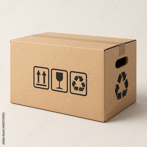 Unbranded corrugated cardboard shipping box with cut-out handle and printed handling symbols (up arrows, fragile glass, recycle), on a neutral studio background with soft shadow.