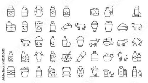 Dairy products assortment featuring milk, cheese, and livestock in outline style