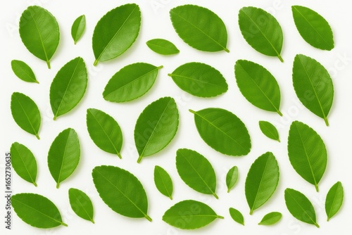 Vibrant green plant leaves and lime foliage against a white background