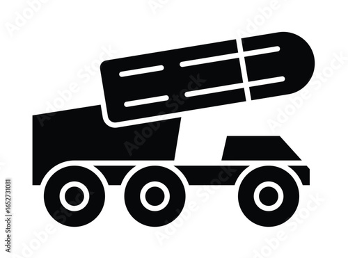 Black Silhouette of Military Vehicle with Rocket Launcher on Stock Photo