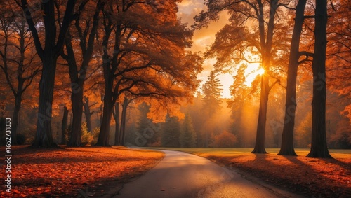 Fototapeta Naklejka Na Ścianę i Meble -  Sunrise illuminating a forested park during fall with vibrant foliage