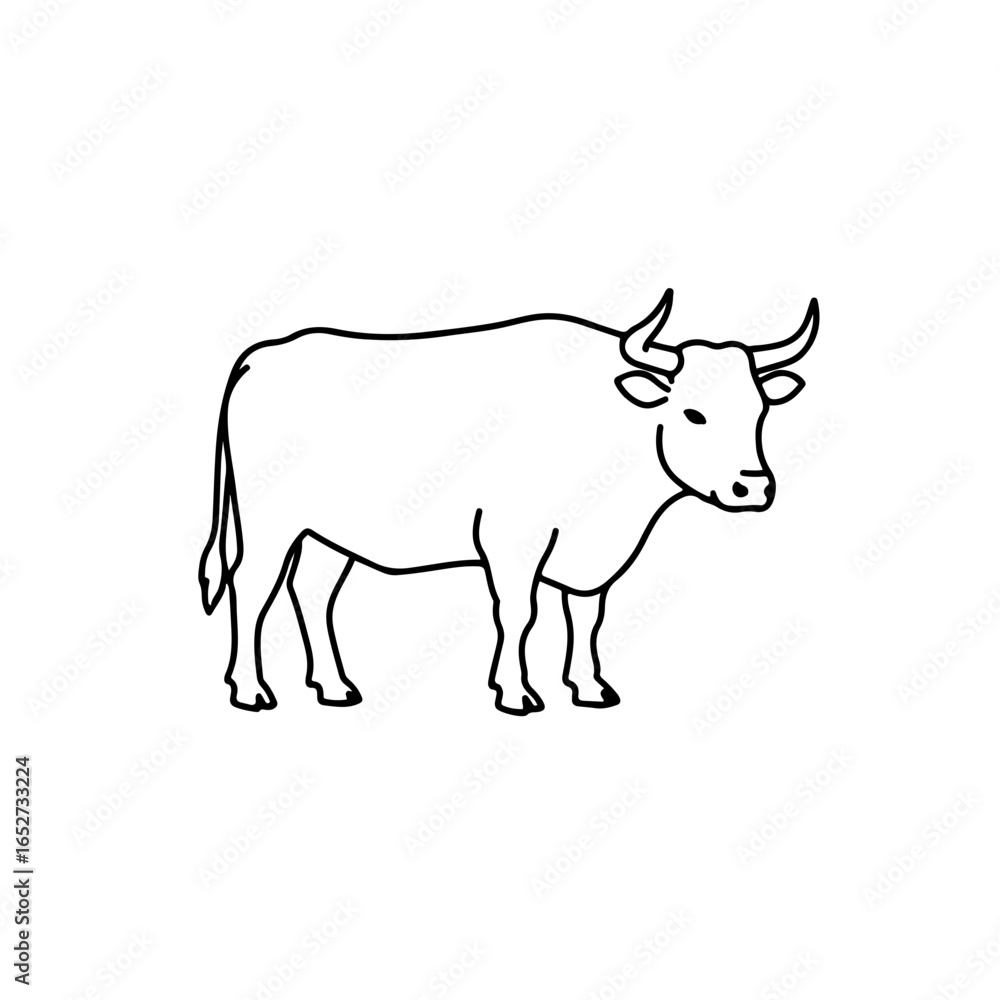 Fototapeta premium Minimalist Line Art Illustration of a Standing Ox with Curving Horns