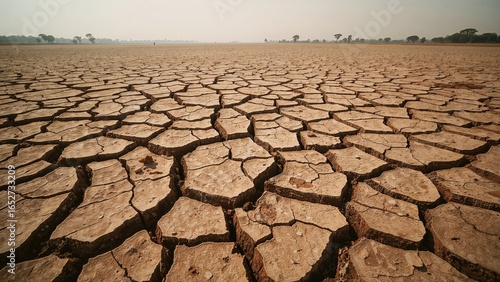Soil erosion and desertification contribute to the creation of dry, cracked terrain lacking trees.