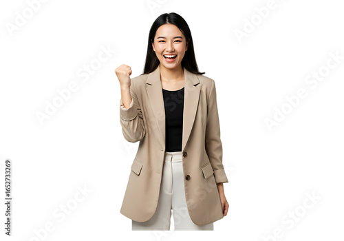 Happy asian woman in blazer celebrating success isolated on transparent background