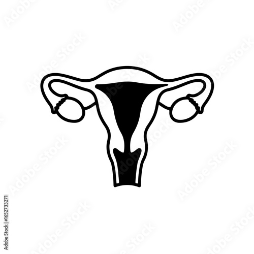 Stylized Black and White Uterus Illustration with Fallopian Tubes and Ovaries