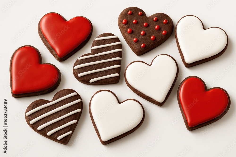 Obraz premium Festive heart cookies for Valentine's Day featuring chocolate and red-white icing