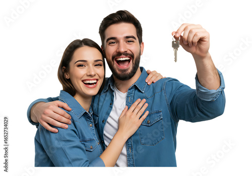 Happy couple holding house keys isolated on transparent background