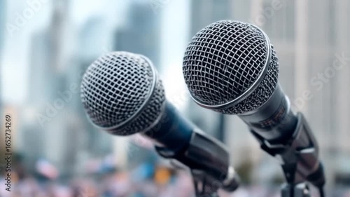 Closeup microphones ready for public speech with blurred city background.