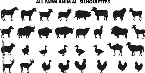 Complete Set of Farm Animal Silhouettes – Vector Livestock Icons for Agriculture, Kids Learning, Branding, and Rural Clipart Design
